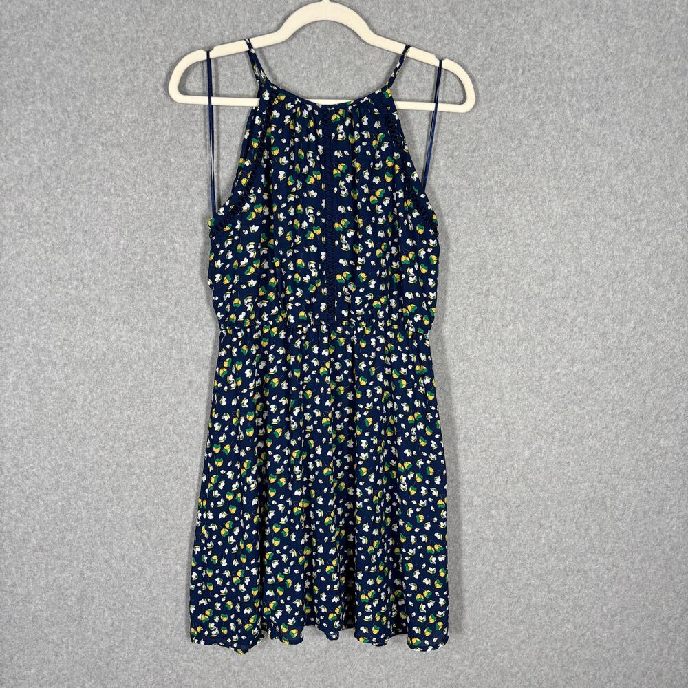 Floral‎ Crochet Trim Dress Medium Navy Yellow Flowy Feminine Skater Cottage Twee